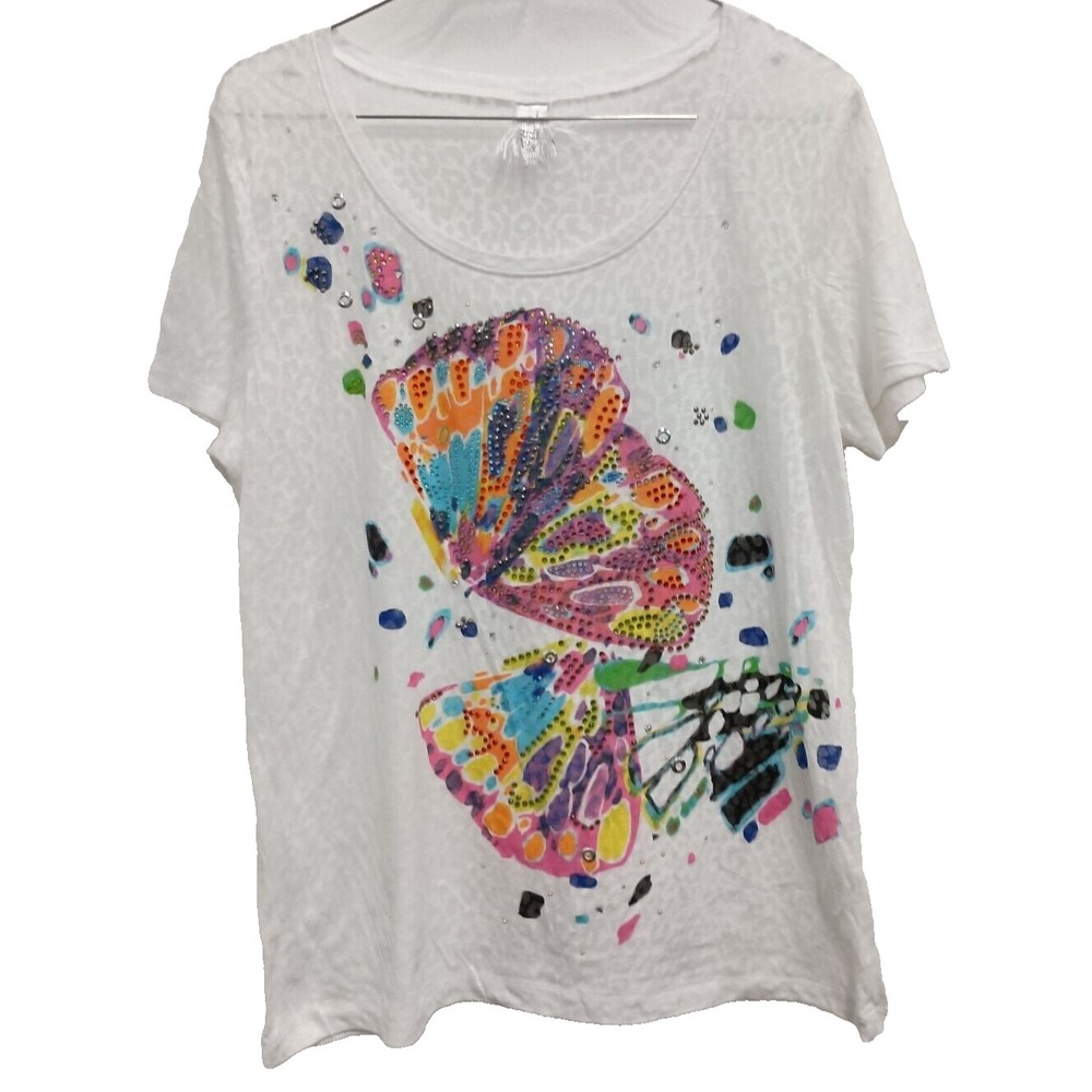TO Thomas & Olivia‎ T-Shirt Womens Large White Embellished Butterfly Art Burnout